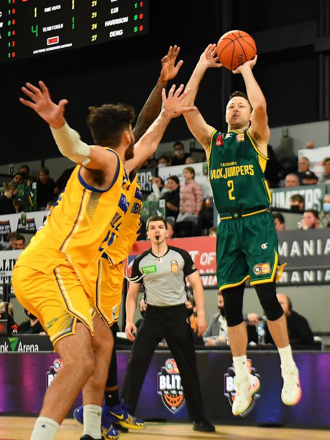 Josh Magette of the JackJumpers shoots during the NBL Blitz match between Tasmania JackJumpers and Brisbane Bullets at MyState Bank Arena on November 14, 2021, in Hobart. Picture: Steve Bell/Getty Images