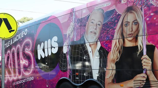 A bus promoting Kyle and Jackie O for KIIS FM circles the South Melbourne area at the same time Lauren and Jase from Nova FM do a promotion at South Melbourne Market. Picture: David Crosling.