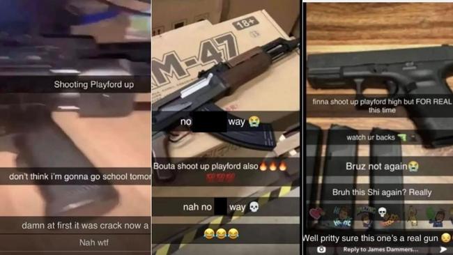 Three alleged Snapchat shooting threats made across Sunday and Monday and targeting Playford International College. Pictures: Supplied