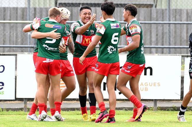 Wynnum Manly players celebrate a try. Dean Tauaa (centre) was a top flight performer in the Seagulls win over the Tigers in the Connell Cup. Picture, John Gass