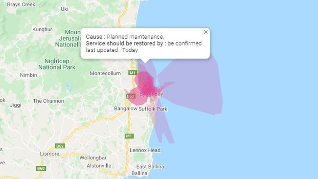 The map of the areas affected by the Telstra outage in pink, according to the Telstra outages website.