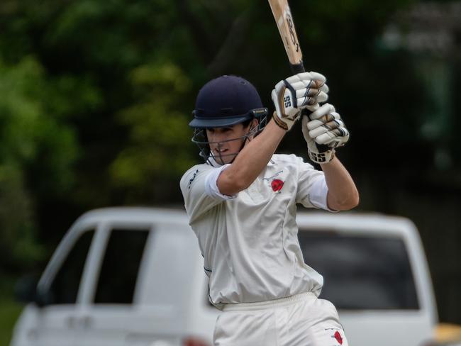 Oscar Richardson bats in Mudgeeraba Nerang’s win over Broadbeach Robina. Picture: KPM Sports Images