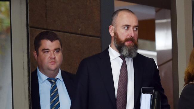 Cricket Australia former head of communications Tim Whittaker (left) appeared at the Melbourne Magistrates’ Court with one of his lawyers. Picture: NCA NewsWire/Nicki Connolly