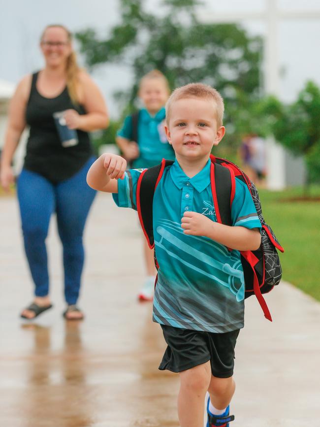 Stacey May and her kids John and Ahlya ia Cusack on John’s first day first day of school at Zuccoli Primary. Picture: GLENN CAMPBELL