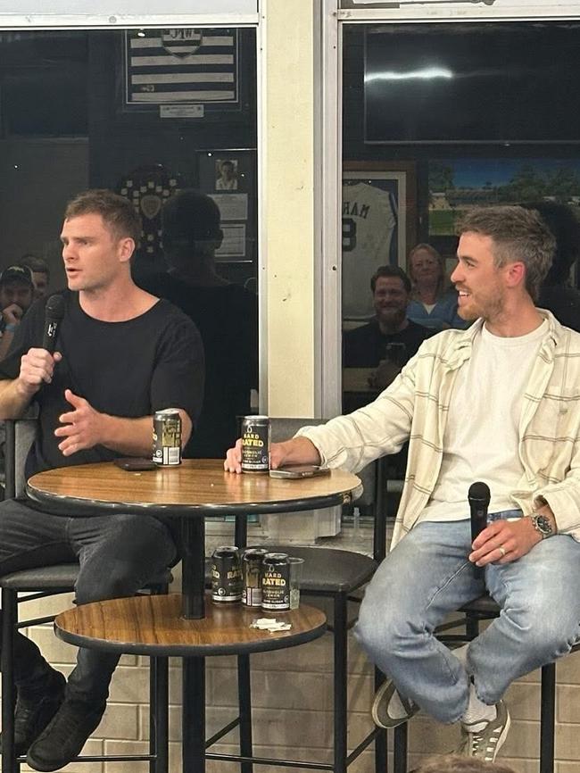 Paul Seedsman (right) with former Collingwood teammate Heath Shaw at Walkerville Football Club on Saturday. Picture: Walkerville FC