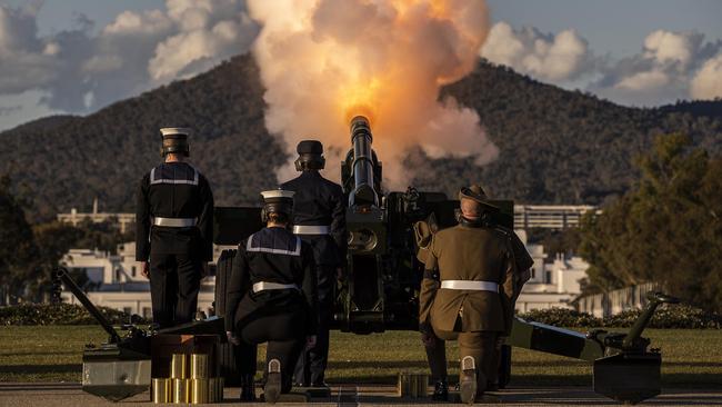 A 96-gun salute at dusk at Parliament House in Canberra on Friday to mark the death of the Queen. Picture: NCA NewsWire / Gary Ramage