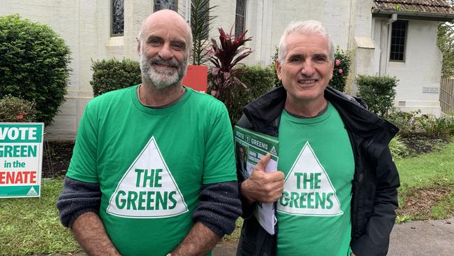 Dave Phister and Dominic King on election day. On Sunday morning candidate Timothy Nott for The Greens had 4,922 first preference votes (5.11 per cent).