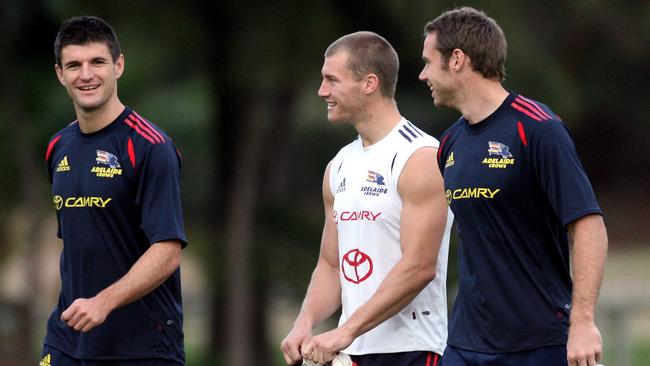 Nathan Bassett, Scott Thompson and Ben Rutten together at the Crows in 2008.