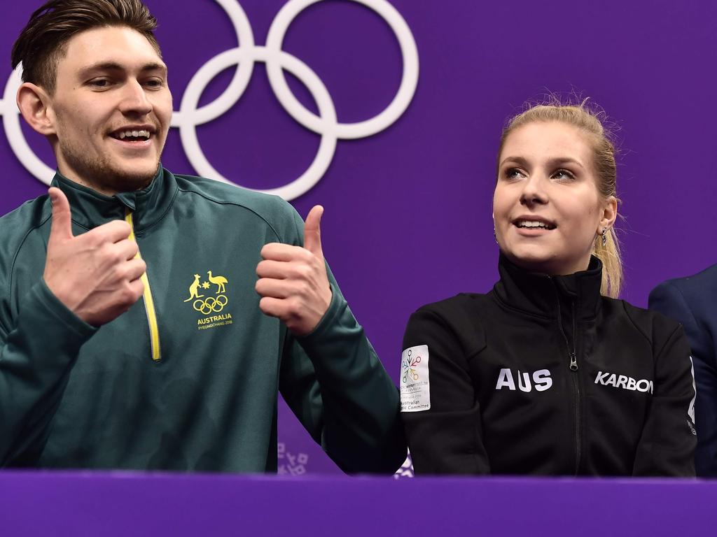 Australia's Ekaterina Alexandrovskaya and Australia's Harley Windsor react after competing in the pair skating short program of the figure skating event during the PyeongChang 2018 Winter Olympics.