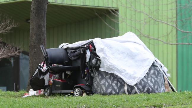 A makeshift camp outside the Supervised Injecting Room in North Richmond. Picture: David Crosling