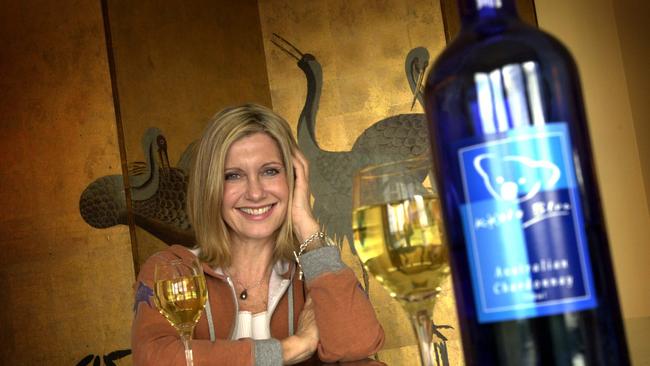 Singer Olivia Newton John at Sydney's Intercontinental Hotel in 2002 launching her Koala Blue chardonnay. Picture: Alan Pryke.