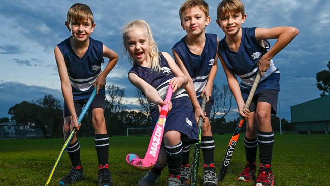 Forestville Hockey Club has secured state government approval for its plans for a new clubhouse at Unley High School. Pictured are club members (L-R) Jonas Ludvigsen, Madison White, Finn Ludvigsen and Tait Ludvigsen. Picture: Naomi Jellicoe