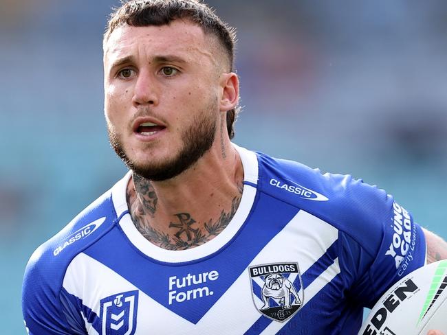 SYDNEY, AUSTRALIA - MAY 04: Bronson Xerri of the Bulldogs runs the ball during the round nine NRL match between Canterbury Bulldogs and Wests Tigers at Accor Stadium, on May 04, 2024, in Sydney, Australia. (Photo by Brendon Thorne/Getty Images)