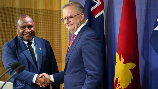 Australian Prime Minister Anthony Albanese shakes hands with Papua New Guinea's Prime Minister James Marape, who said Mr Albanese had demonstrated “genuine interest in our progress as a nation. Picture: David Gray/AFP