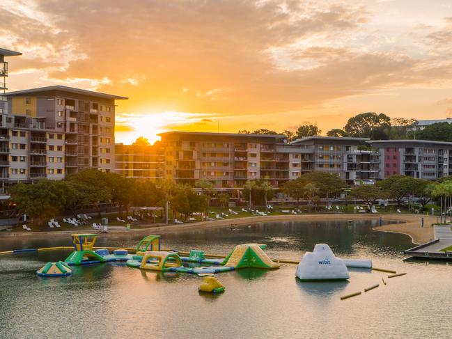 ESCAPE. MY NEIGHBOURHOOD. Darwin Waterfront. Darwin Waterfront is home to the Wave Pool and also safe swimming Recreation Lagoon. Cafes and restaurants offer plenty of opportunities to refuel after a morning swim, linger over a luxurious lunch, or meet up with friends for a sundowner. Picture:  Tourism NT