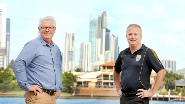 Sports Gold Coast chairman Geoff Smith and Gold Coast United chairman Danny Maher. Picture: Mike Batterham