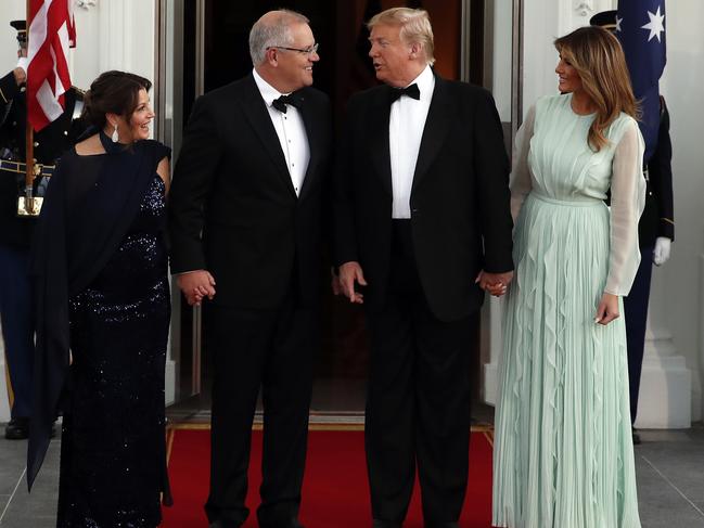 President Donald Trump and first lady Melania Trump greet Australian Prime Minister Scott Morrison and his wife Jenny Morrison. Picture: Alex Brandon