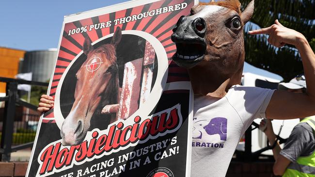 The segment sparked protests outside Royal Randwick racecourse. Picture: Mark Metcalfe