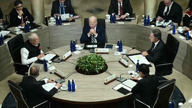 US President Joe Biden, centre, meets with Anthony Albanese, left bottom, Indian Prime Minister Narendra Modi, Japanese Prime Minister Fumio Kishida, lower right, and US Secretary of State Antony Blinken during the Quadrilateral Summit. Picture: Brendan Smialowski/AFP