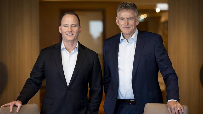 BHP’s new chairman Ross McEwan with his predecessor Ken McKenzie. Picture: Arsineh Houspian