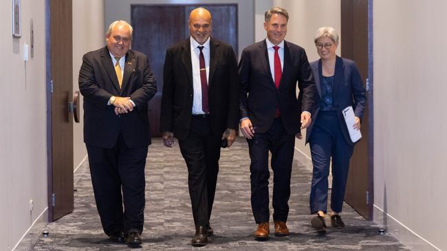 PNG Foreign Minister Justin Tkatchenko, with PNG’s Deputy Prime John Rosso, Defence Minister Richard Marles and Foreign Minister Penny Wong, during ministerial talks in Port Moresby earlier this year. Picture: DFAT