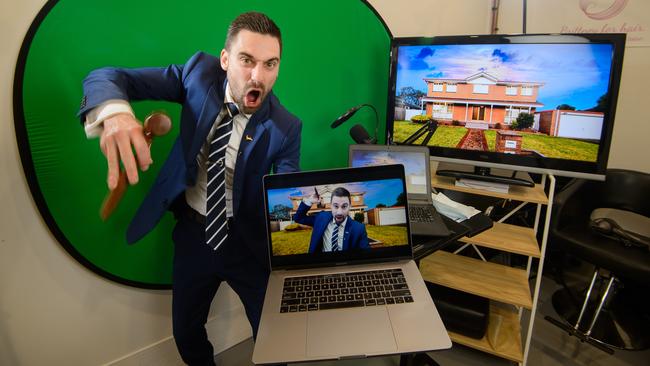 Auctioneer Fabian Sanelli, who has converted both his garage and a study into auction studios during Melbourne's lockdowns. Picture: Jay Town