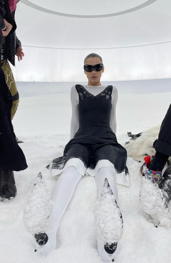 Bella Hadid at Balenciaga’s runway show, staged on a faux snow field. Picture: Balenciaga