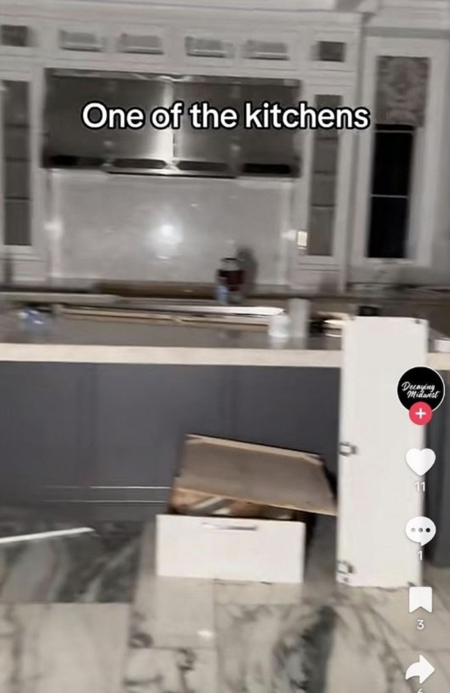 A video allegedly showing Michael Jordan’s vacant Chicago mansion shows a kitchen in a state if disrepair. Picture: @decayingmidwest/TikTok