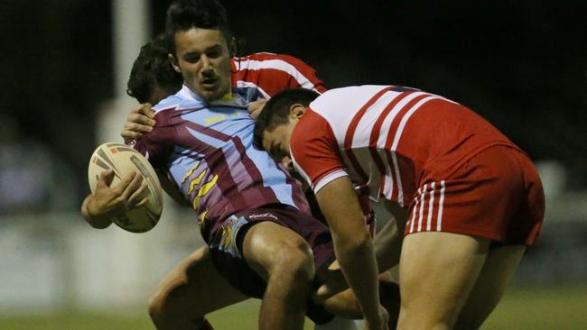 Jesse Arthars (middle) in a schoolboy game for Keebra Park against Palm Beach Currumbin in 2015. Picture: Regi Varghese