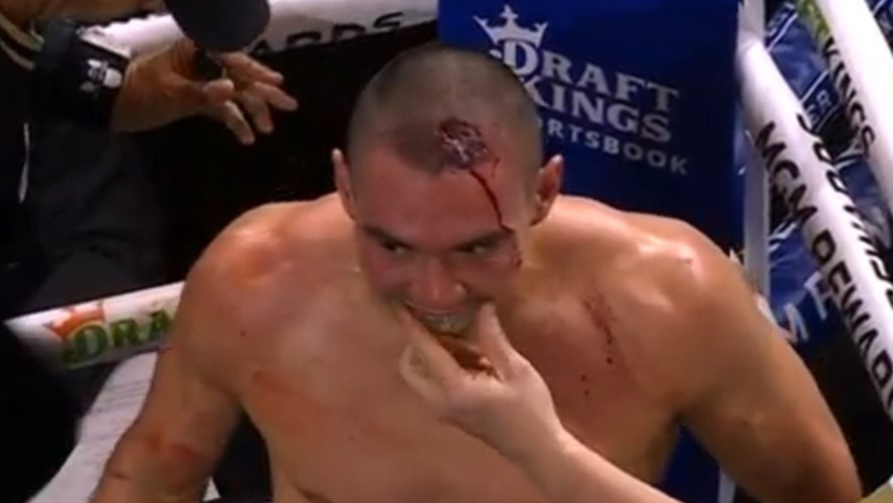 Tszyu was cut by an elbow at the end of round 2. Photo: Main Event.