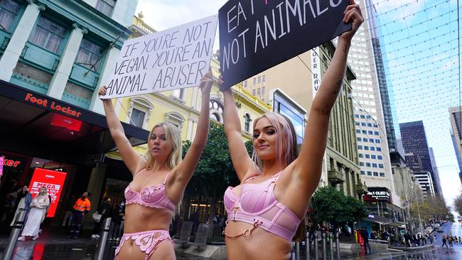 Ms Peterson (right) protesting in Melbourne’s CBD earlier this month. Picture: NCA NewsWire / Luis Enrique Ascui