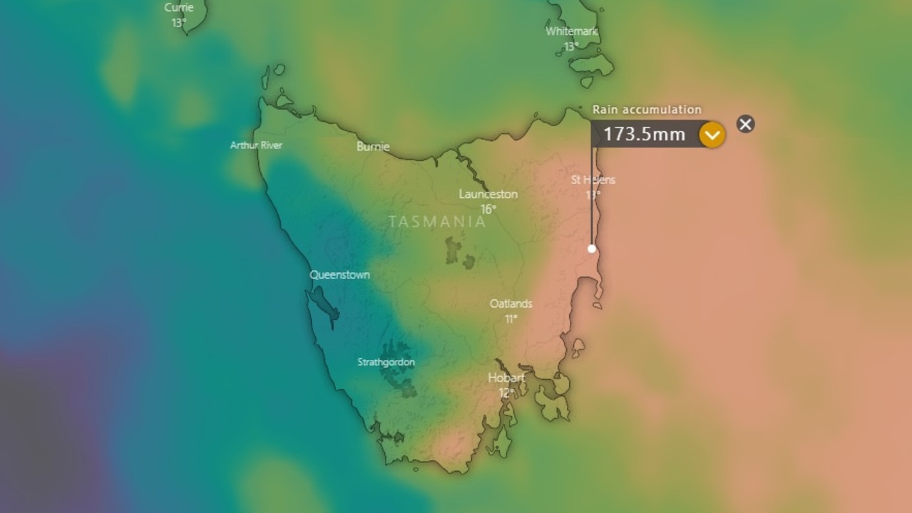 Windy.com predicted parts of Tasmania’s east coast could receive significantly more rainfall than foreshadowed by acting SES Tasmania director Leon ‘Alfy’ Smith. Picture: Windy.com