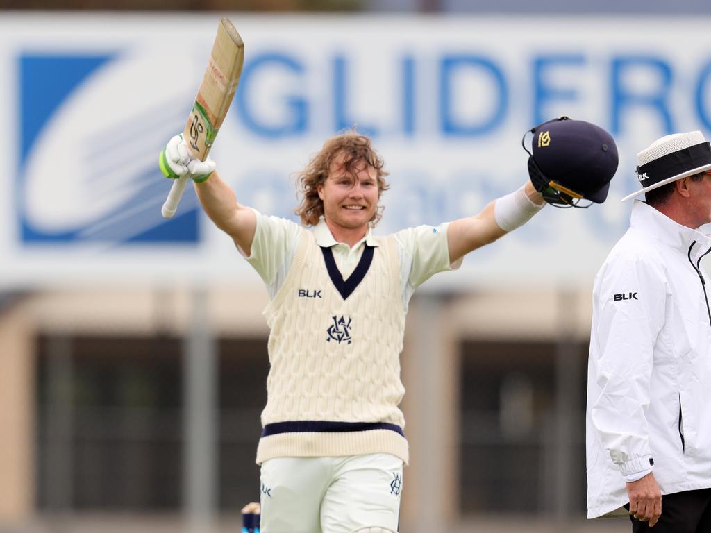 Will Pucovski celebrates after reaching his century. Picture: Daniel Kalisz/Getty Images