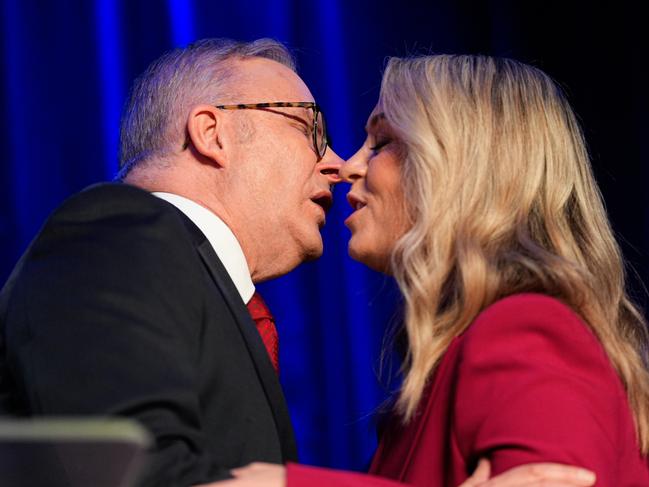 SYDNEY, AUSTRALIA - MAY 03: Australian Prime Minister Anthony Albanese kisses his fiancÃÂ©e, Jodie Haydon, during the Labor PartyÃ¢â¬â¢s election night event on May 03, 2025 in Sydney, Australia. Prime Minister Anthony Albanese secured a second term as Australians backed his Labor government amid persistent cost-of-living pressures and global uncertainty. (Photo by Asanka Ratnayake/Getty Images)