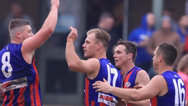 Bell Post Hill celebrate a major against East Geelong. Picture: Mark Wilson