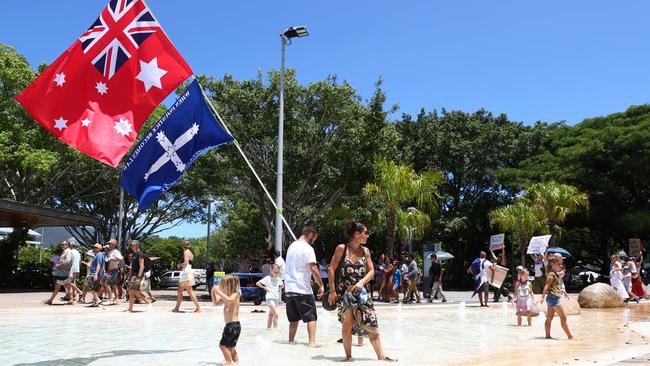 The rally makes its way to the Esplanade Lagoon. Picture: Brendan Radke