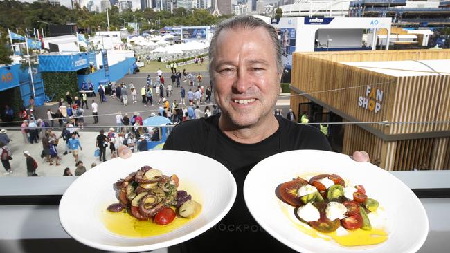 Neil Perry with some of his dishes on offer at the Australian Open Rockpool on-site restaurant. Picture: David Caird