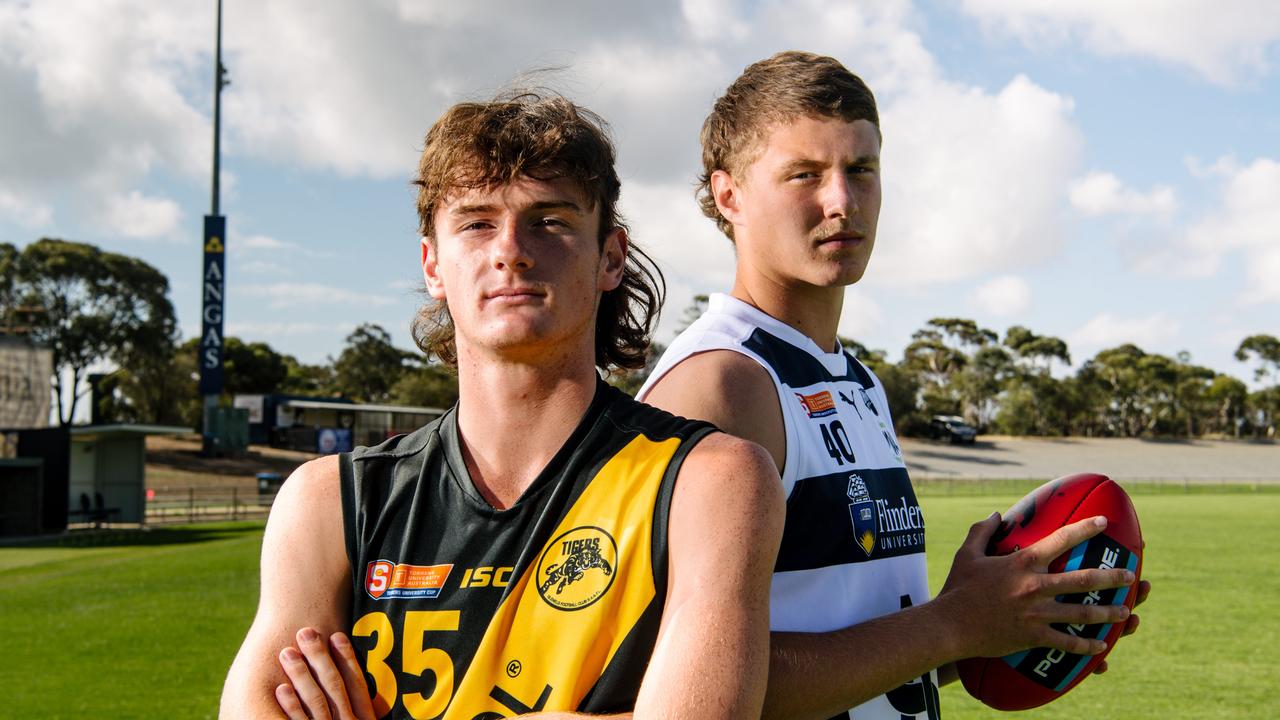 Ben Ridgway, 16, and Tom Schirmer, 15, ahead of the SANFL under-16 match between South Adelaide and Glenelg in Noarlunga, Thursday, March 25, 2021. (The Advertiser/ Morgan Sette)