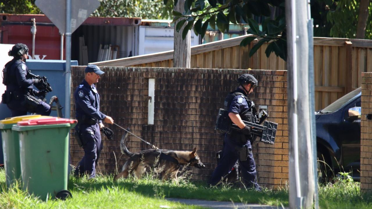 The Dog Squad and PSRT officers at the scene. Picture: David Clark