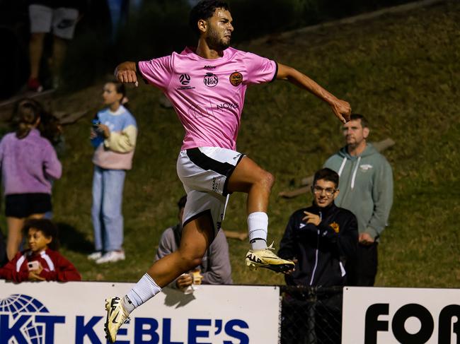 Birkan Kirdar celebrates his goal for Dandenong Thunder. Picture: Man in the Stands Photography