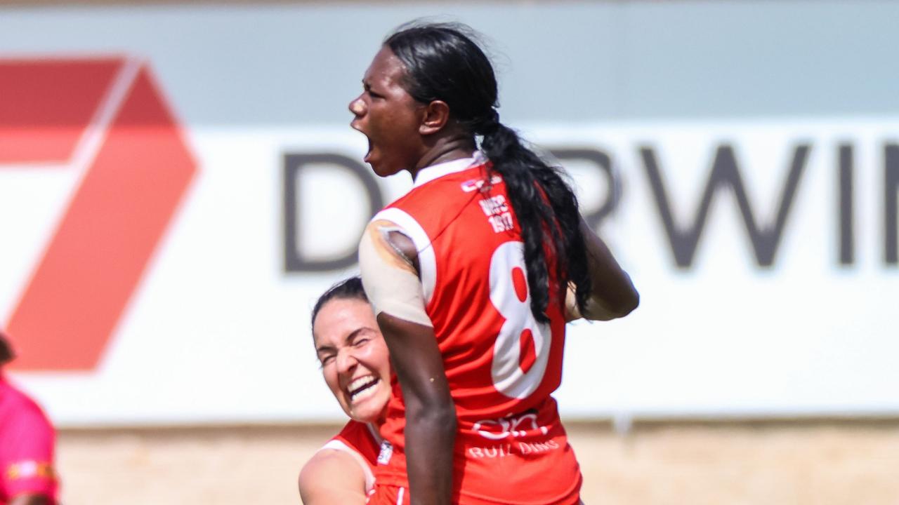 Aggie Singh celebrates a goal for Waratah in the 2022-23 NTFL semi-final against PINT. Picture: Celina Whan / AFLNT Media