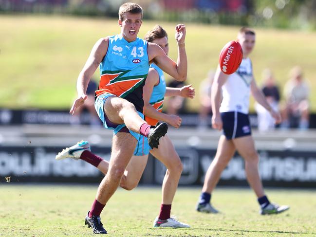 BRISBANE, AUSTRALIA – JULY 07: Ty Gallop of Allies kicks during the Marsh AFL National Championships match between U18 Boys Allies and Victoria Country at Brighton Homes Arena on July 07, 2024 in Brisbane, Australia. (Photo by Chris Hyde/AFL Photos/via Getty Images)