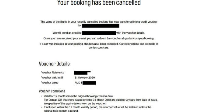 An email sent by Qantas to customers informing them of their flight cancellation, and access to a travel credit. Picture: Supplied.