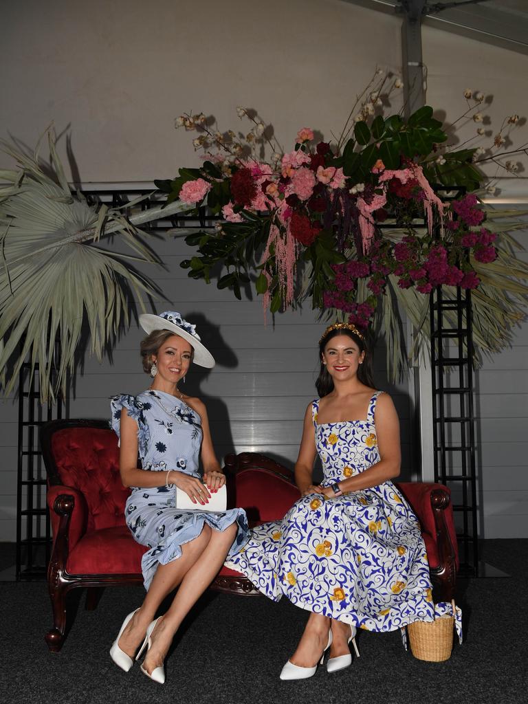 Tatiana Hoffmann and Aneka Truman at the Darwin Turf Club Bridge Toyota Ladies' Day / Derby Day. Picture: KATRINA BRIDGEFORD