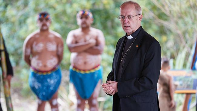 Archbishop Justin Welby with Indigenous dancers during his visit to Perth.