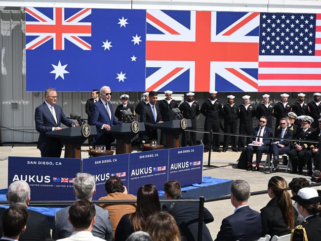 Prime Minister Anthony Albanese, US President Joe Biden and British Prime Minister Rishi Sunak during the AUKUS summit. The subs deal will offer spin-off benefits for Australian companies. Picture: Getty Images