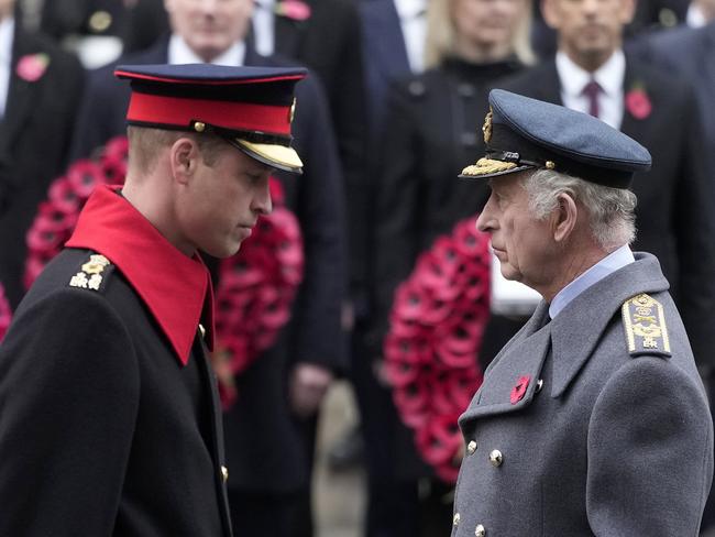 Prince William and King Charles attend the National Service of Remembrance at The Cenotaph in 2023. William is concerned his father is going too much, too soon. Picture: Getty Images