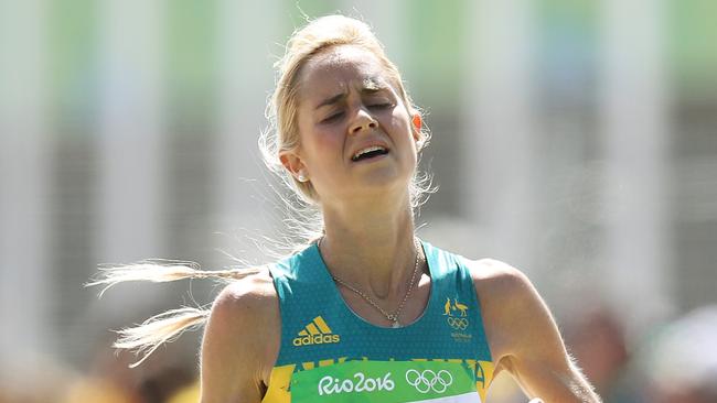 Australia's Milly Clark finishes the women's marathon. Picture: Brett Costello