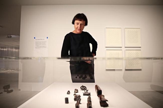 British contemporary artist Cornelia Parker at the Museum of Contemporary Art in Sydney with her work, Sawn Up Sawn Off Shotgun. Picture: Adam Yip