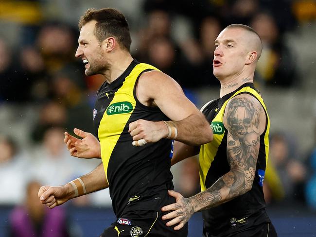 MELBOURNE, AUSTRALIA - JULY 06: Toby Nankervis (left) and Dustin Martin of the Tigers celebrate during the 2023 AFL Round 17 match between the Richmond Tigers and the Sydney Swans at the Melbourne Cricket Ground on July 6, 2023 in Melbourne, Australia. (Photo by Michael Willson/AFL Photos via Getty Images)